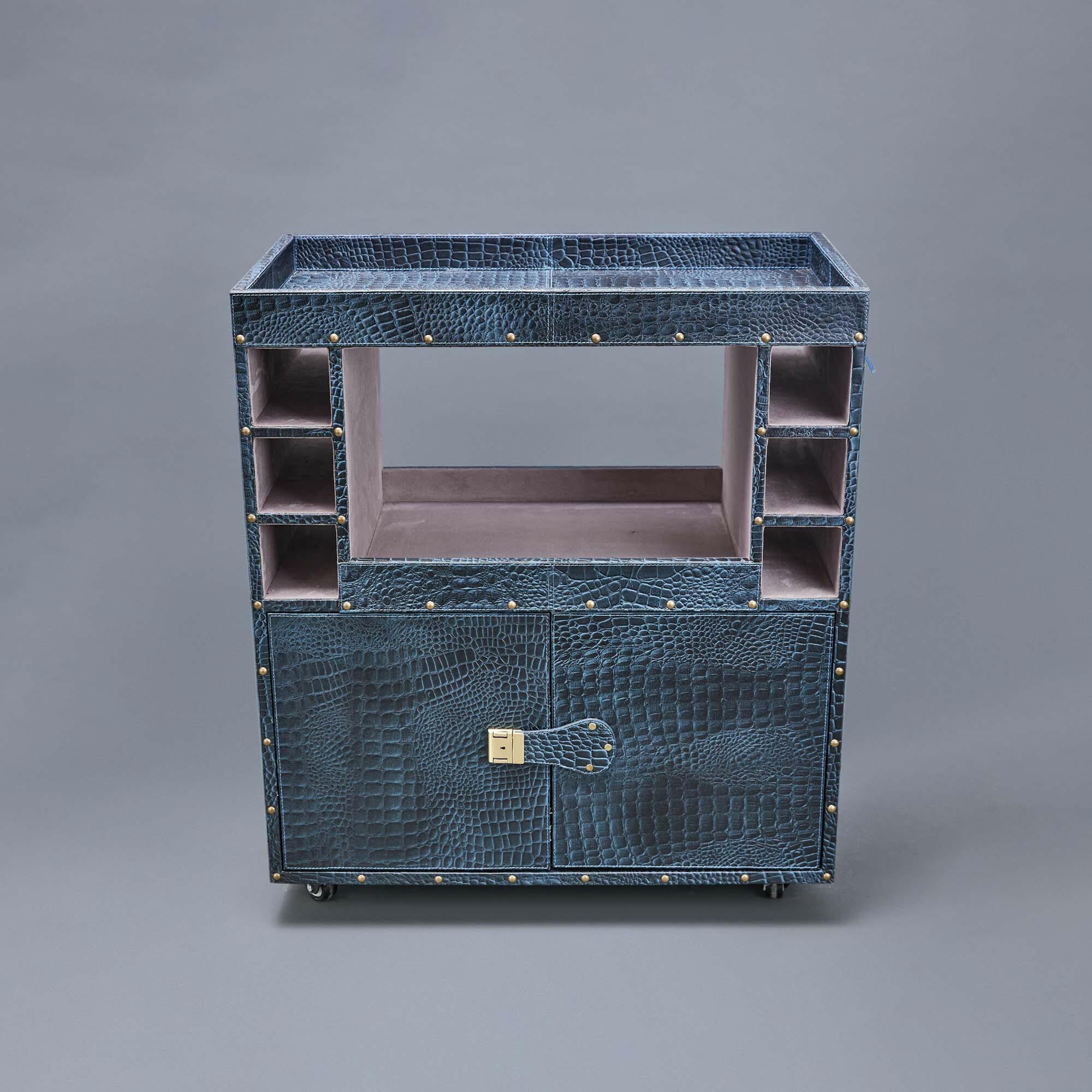 Belize Croco Leather Bar Trolley Blue - Three Sixty