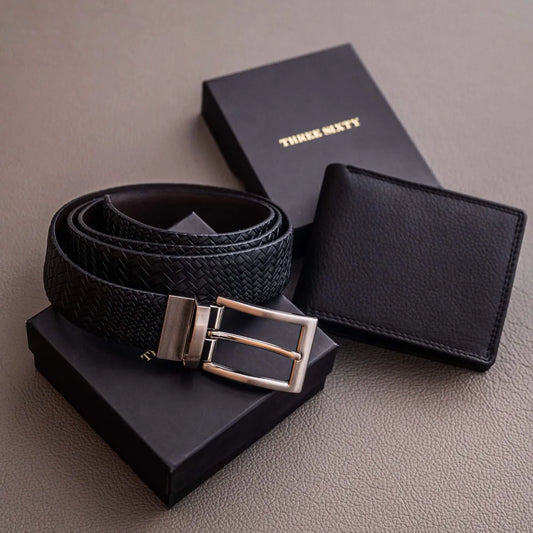Black Waxy Wallet And Weave Textured Belt Combo (Black)