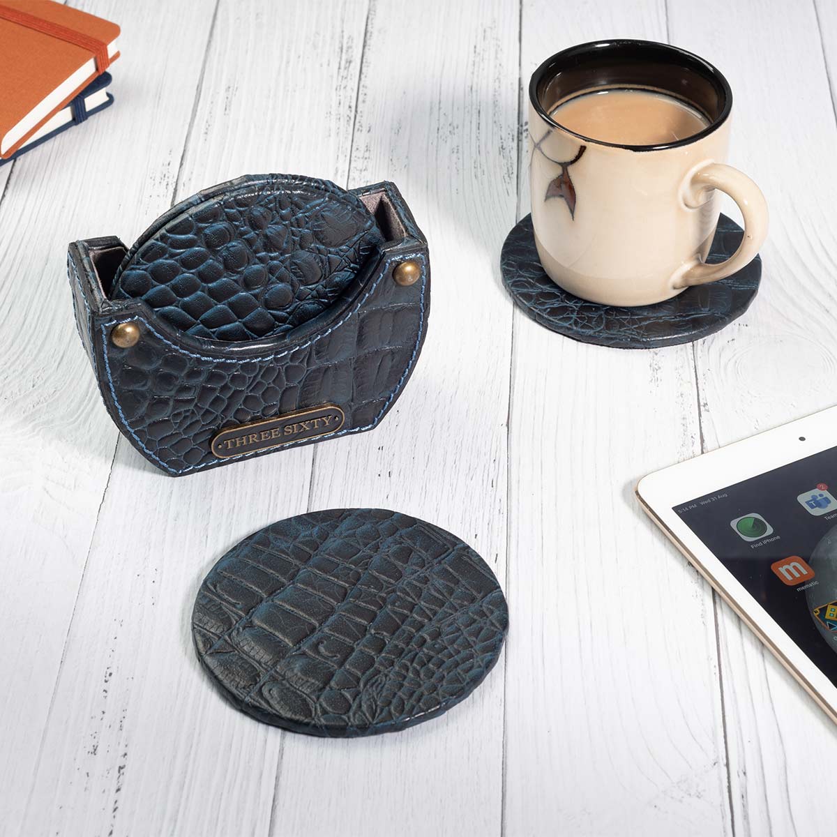 Eden Round Coaster Set of 4 In Genuine Croco Leather Blue