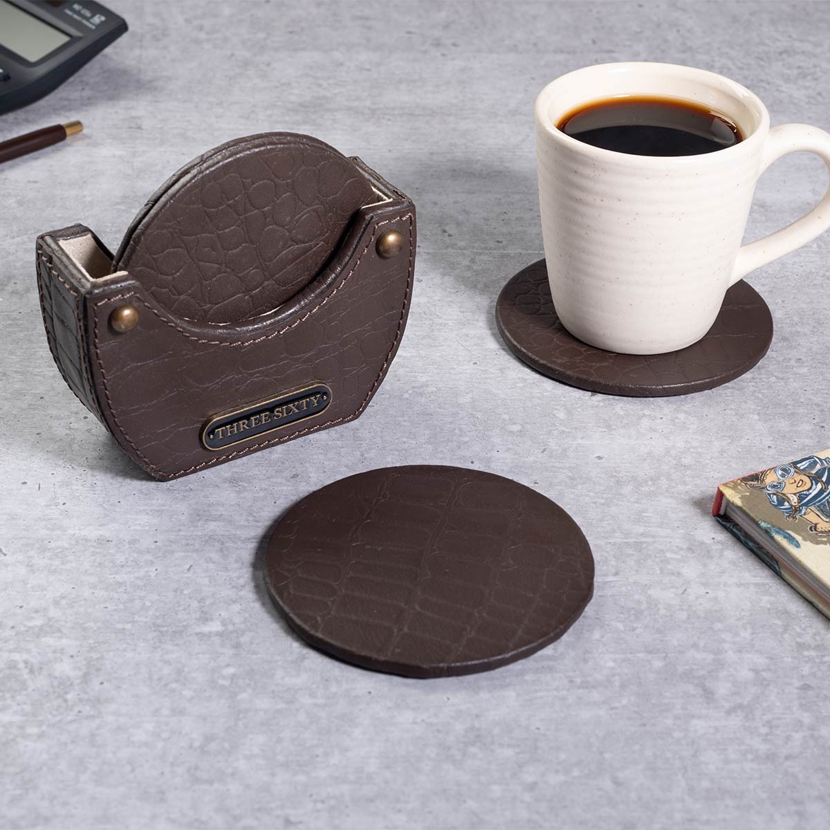 Eden Brown Round Coaster Set of 4 In Genuine Croco Leather