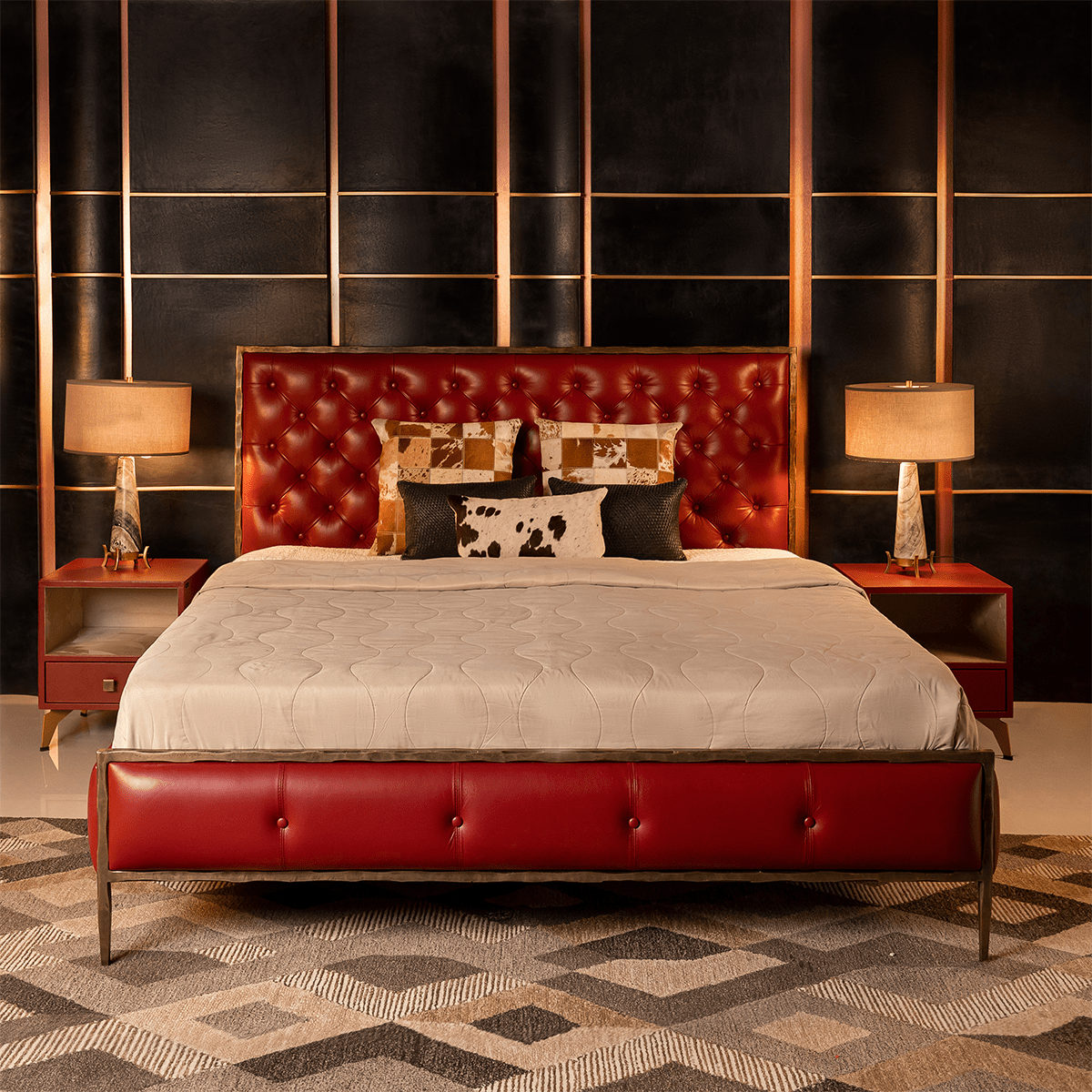 Chesterfield Leather King Bed Red - Three Sixty Life