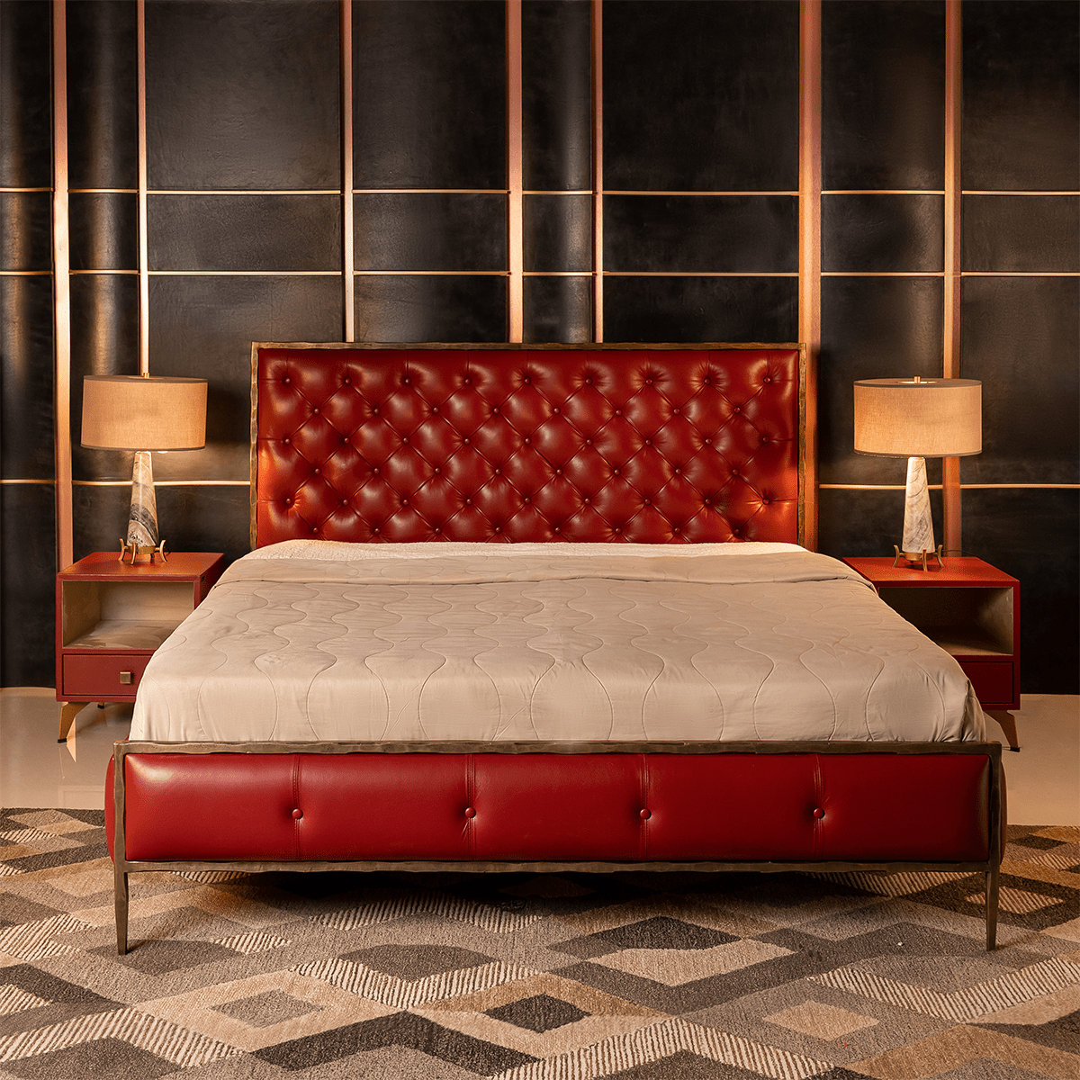 Chesterfield Leather King Bed Red - Three Sixty Life