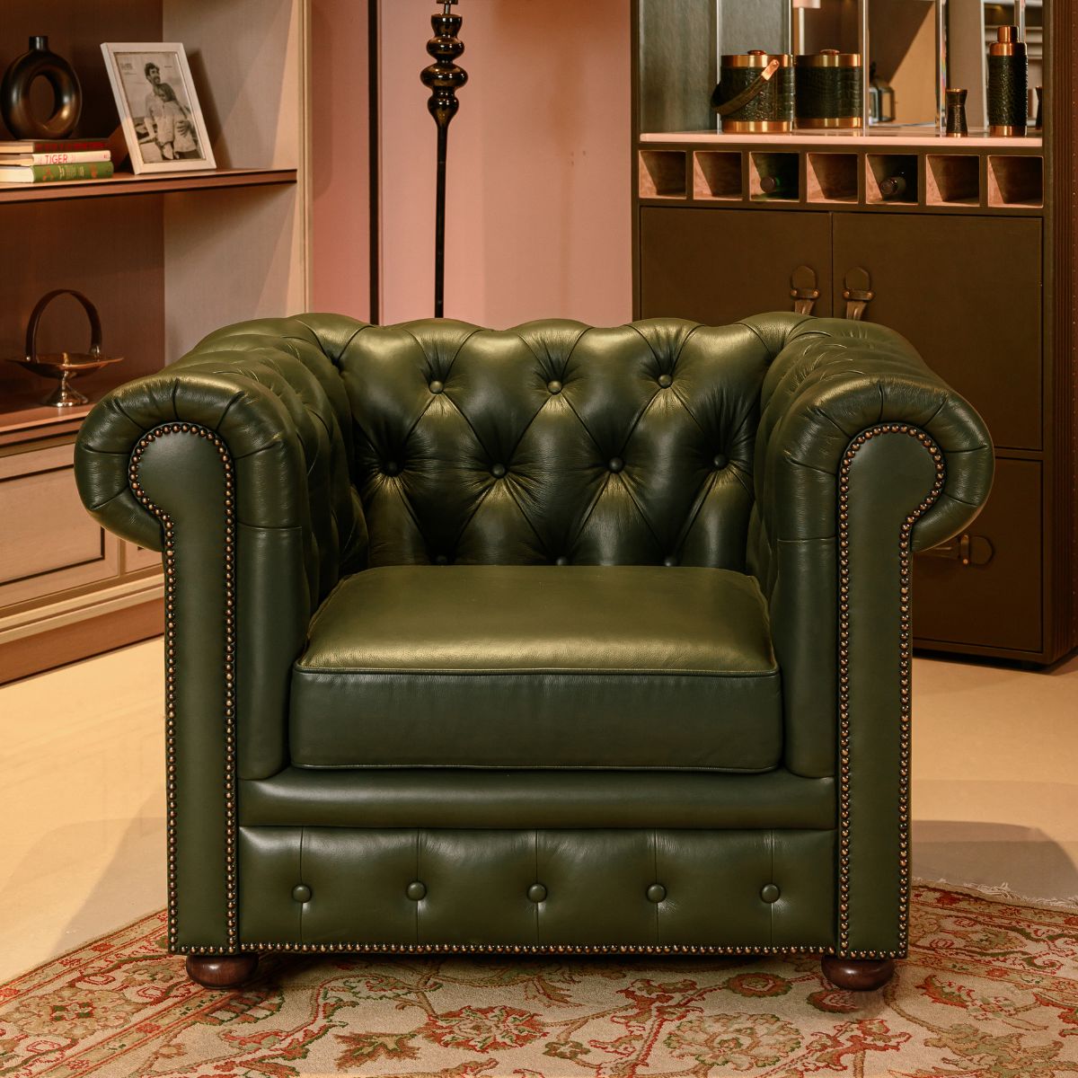 Chesterfield Leather Single Seater Sofa Green - Three Sixty Life