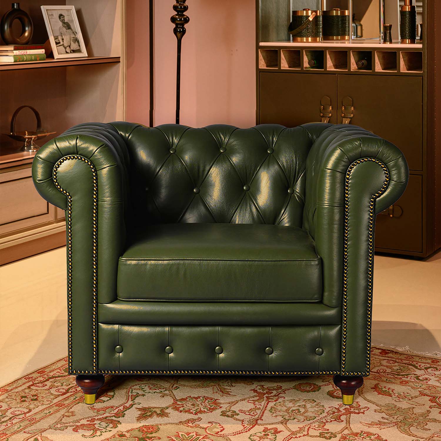 Chesterfield Leather Single Seater Sofa Green - Three Sixty Life