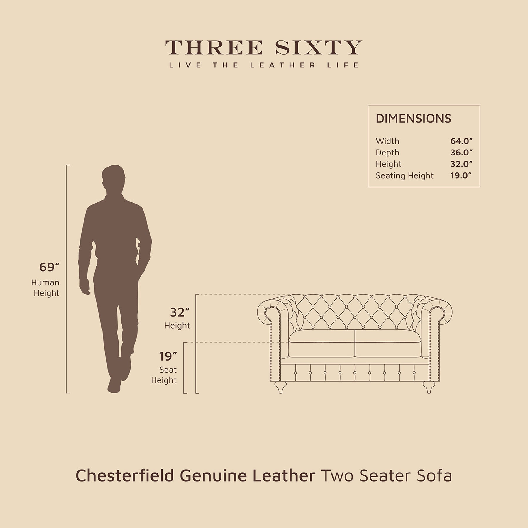 Chesterfield Genuine Leather Two Seater Sofa Brown