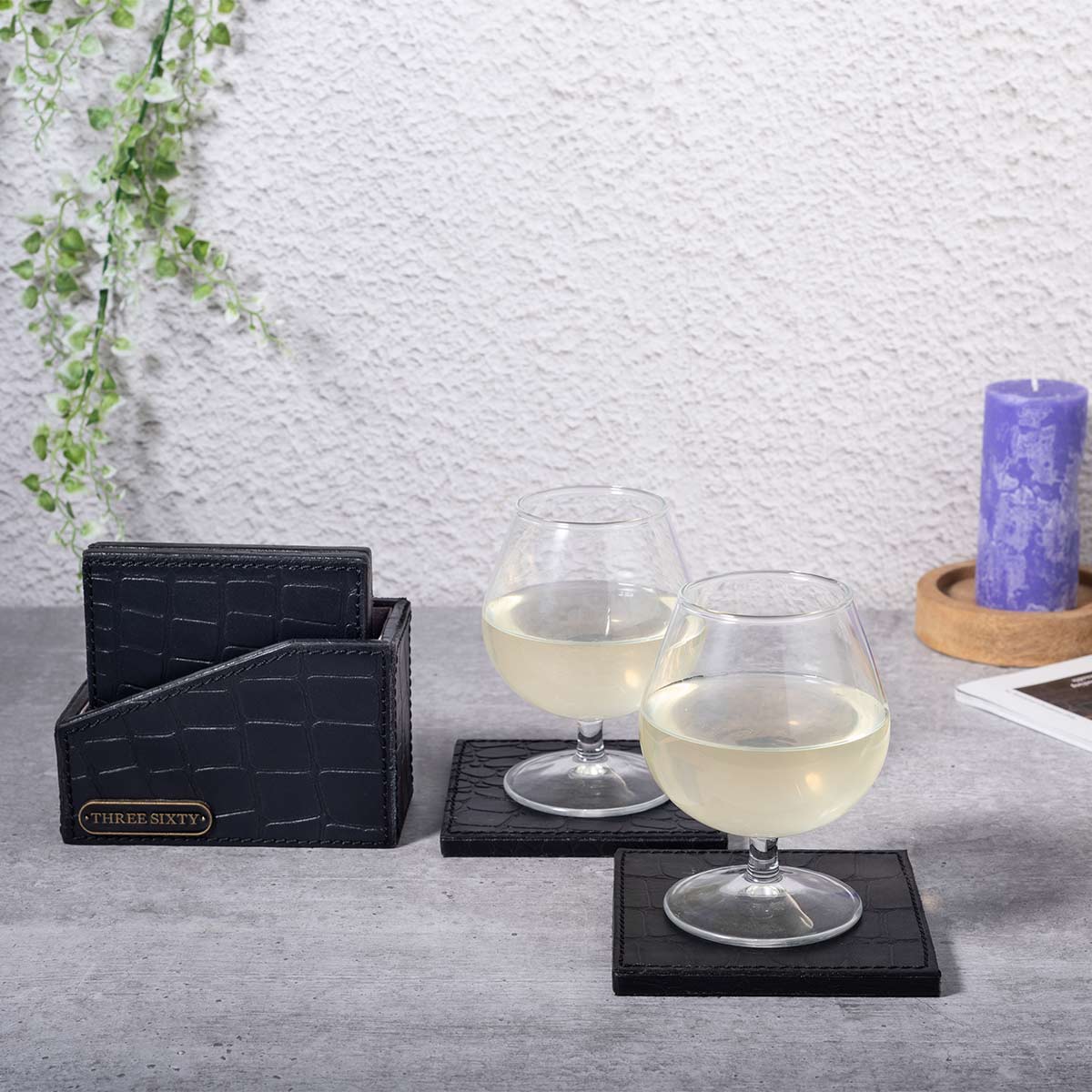 Eden Coaster Set of 4 In Genuine Croco Leather Black