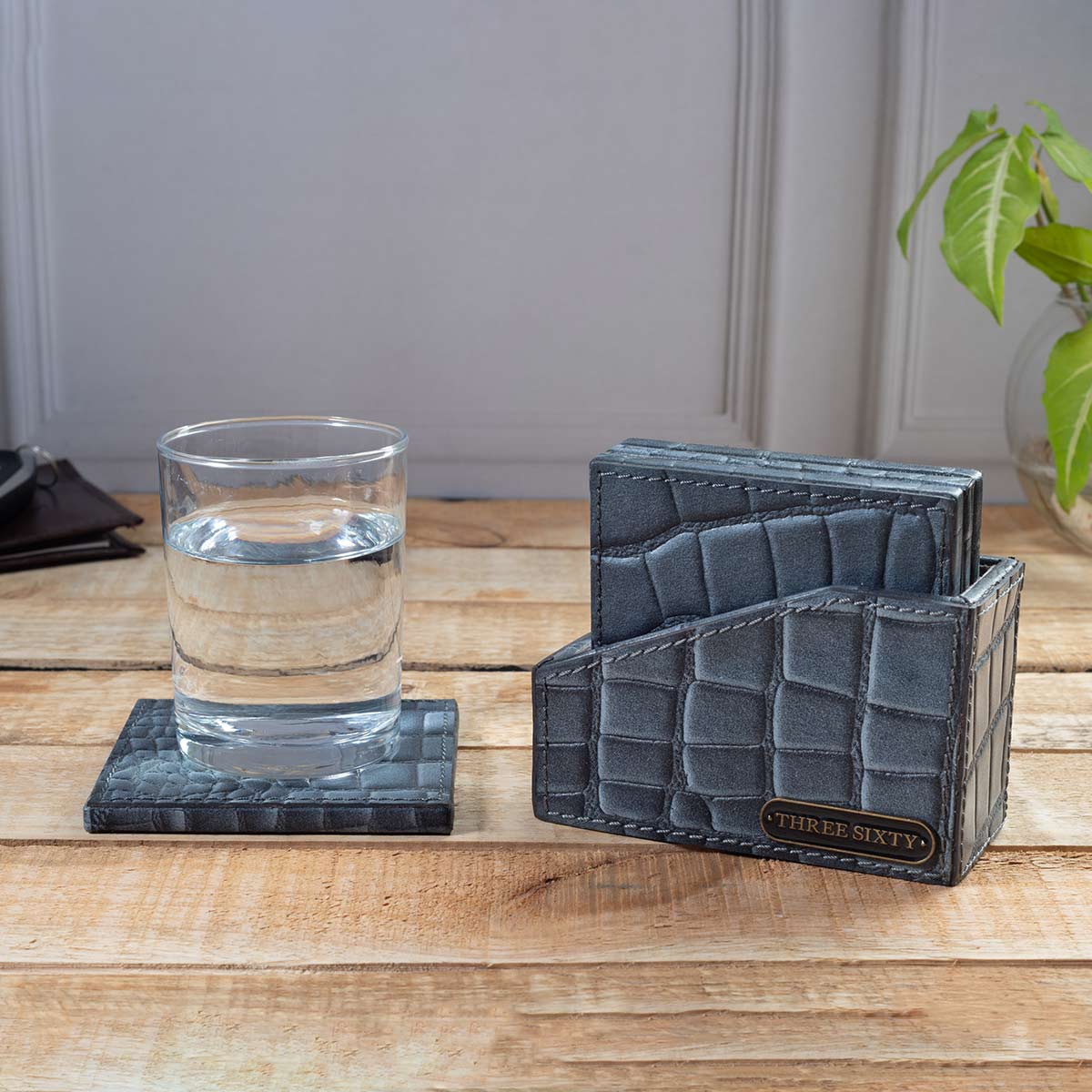 Eden Coaster Set of 4 In Genuine Croco Leather Grey