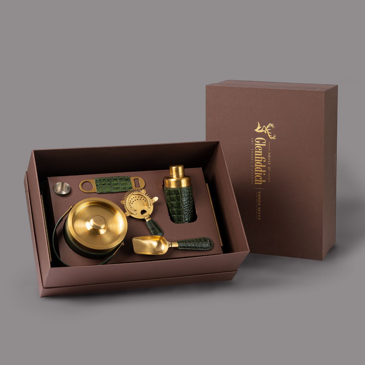 Debonair Bar Tray & Cocktail Set Metal Handle - Green