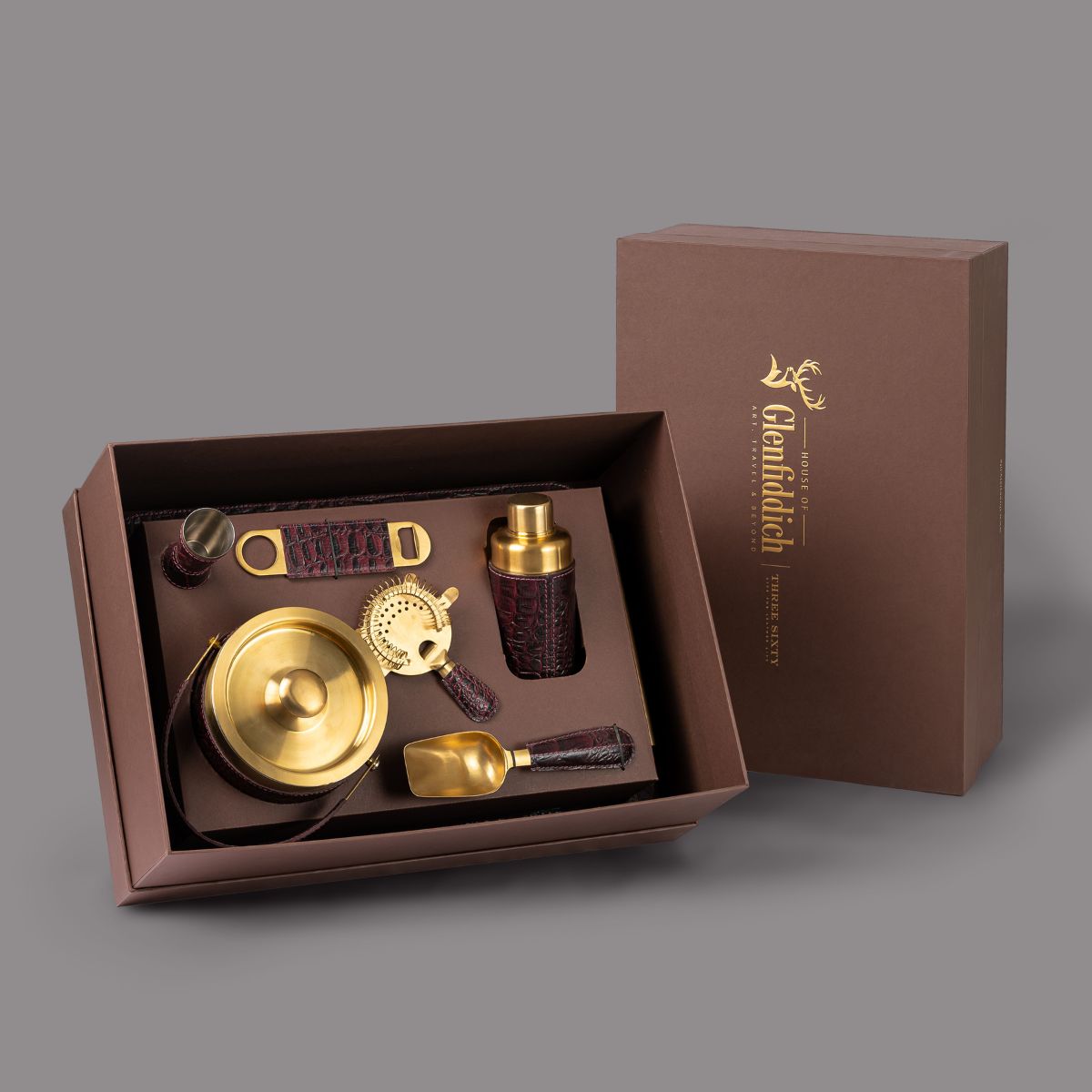 Debonair Bar Tray & Cocktail Set Metal Handle - Burgundy