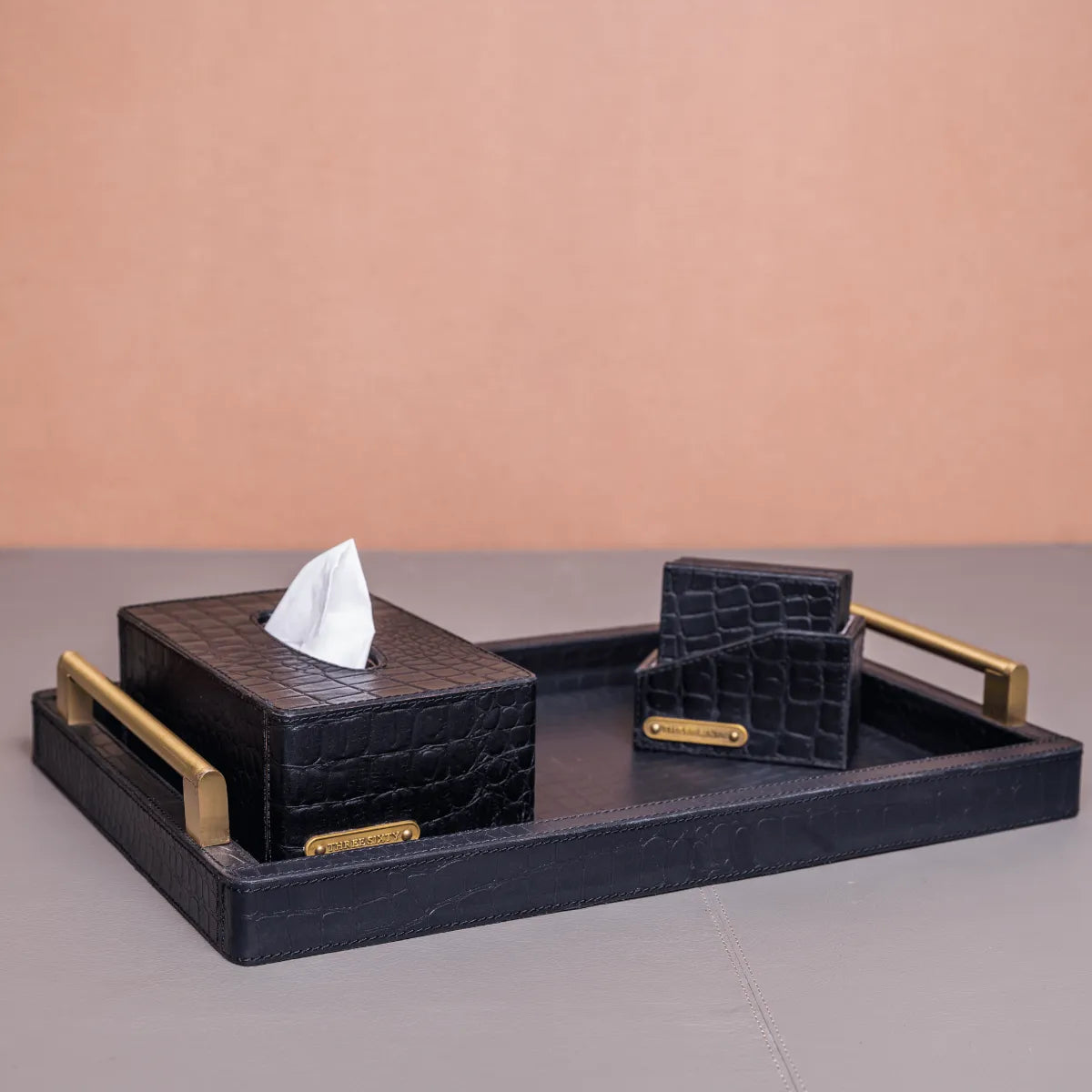 Buy Eden Tray Set in Black Embossed Leather Decor Online Three