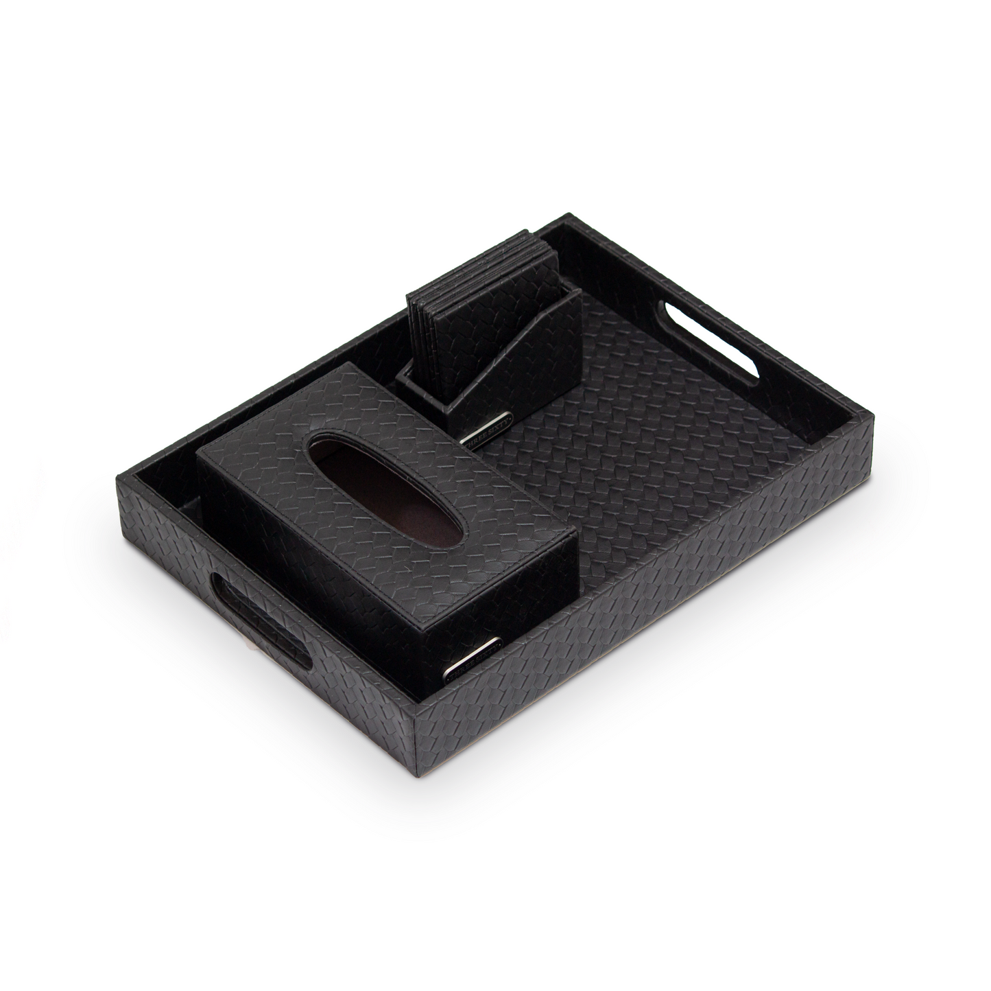 Leather Tray Set With Tissue Box & Coasters Combo (Black)