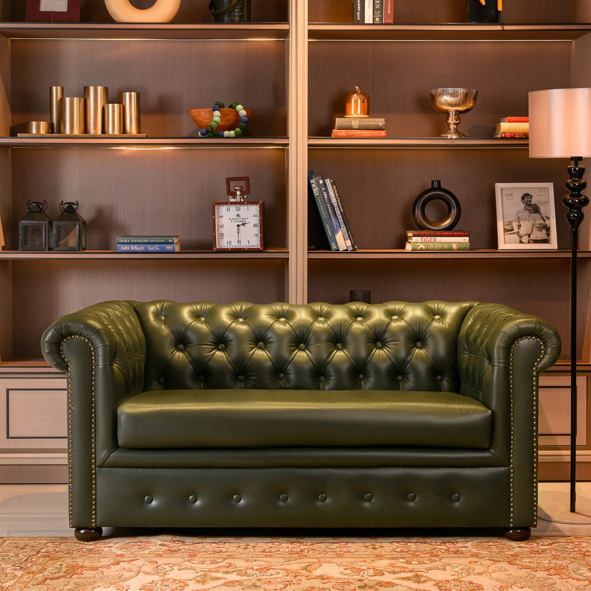 Genuine Leather Chesterfield Two Seater Sofa Olive Green - Three Sixty Life