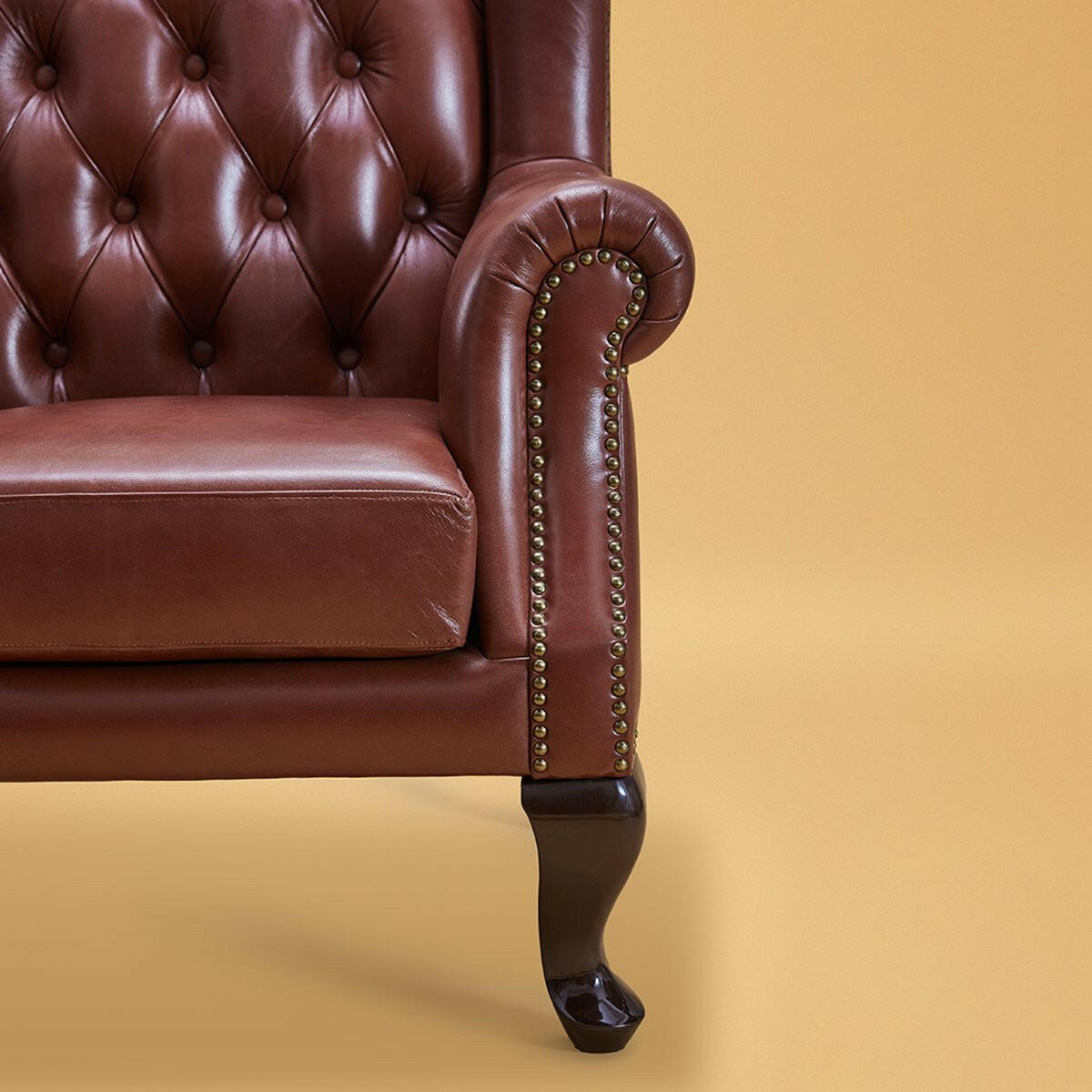 Genuine Leather Chesterfield Wing Chair In Brown Colour