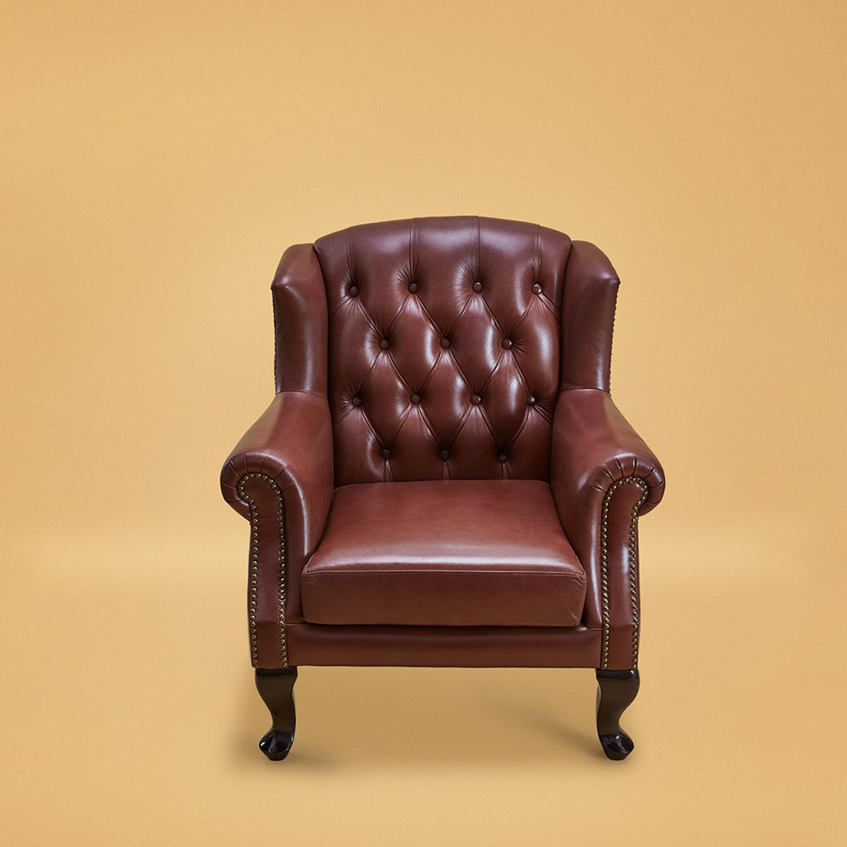Genuine Leather Chesterfield Wing Chair In Brown Colour - Three Sixty Life