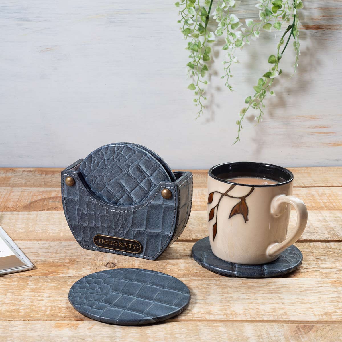 Eden Grey Round Coaster Set of 4 In Genuine Croco Leather