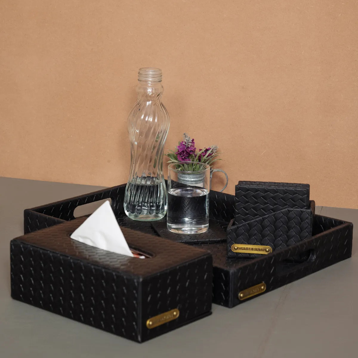 Leather Tray Set With Tissue Box & Coasters Combo (Black)