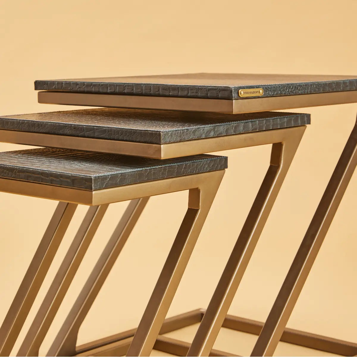 Nested Tables (Set of three)- Embossed Leather Blue & Green