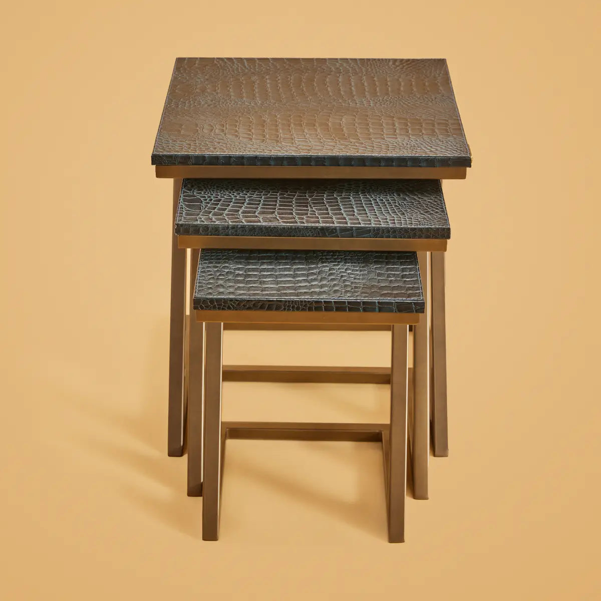Nested Tables (Set of three)- Embossed Leather Blue & Green