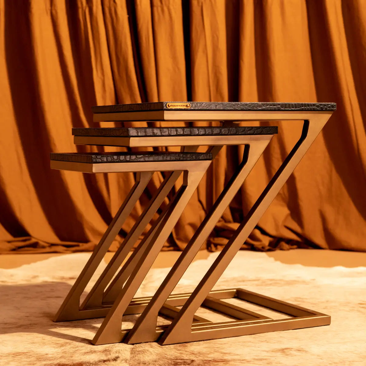 Nested Tables (Set of three)- Embossed Leather Blue & Green