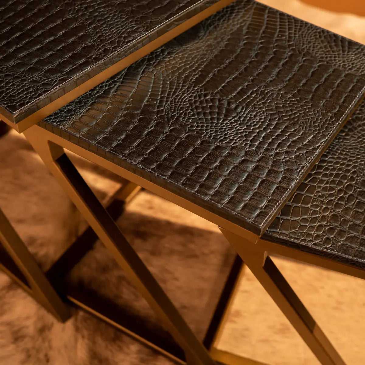 Nested Tables (Set of three)- Embossed Leather Blue & Green