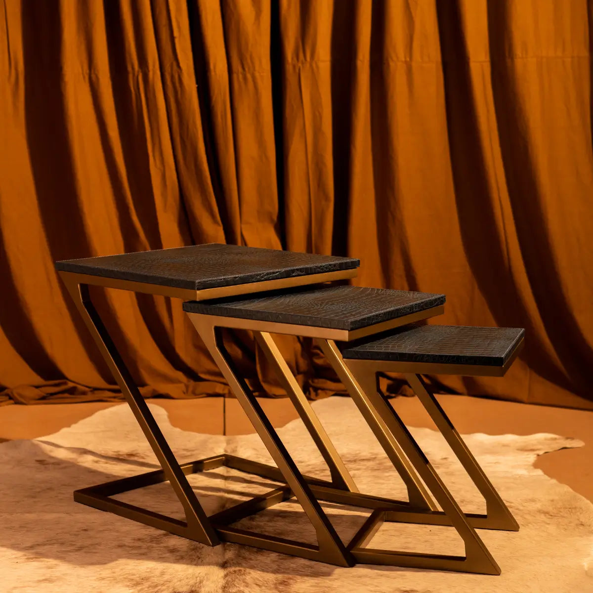 Nested Tables (Set of three)- Embossed Leather Blue & Green