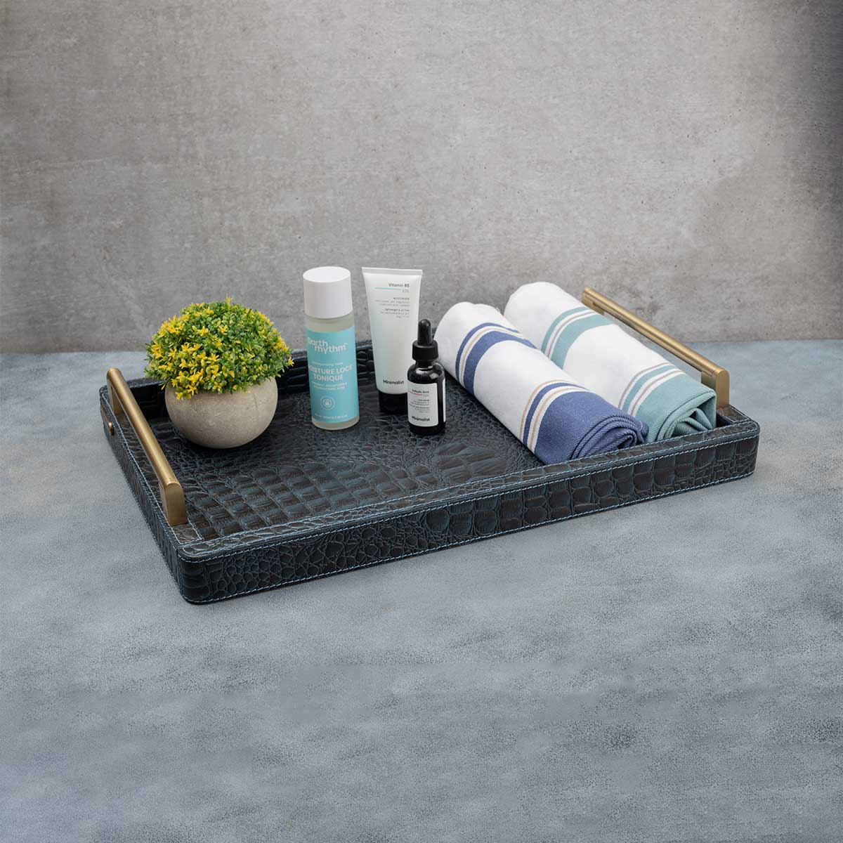 Eden Blue Rectangular Tray In Genuine Croco Leather