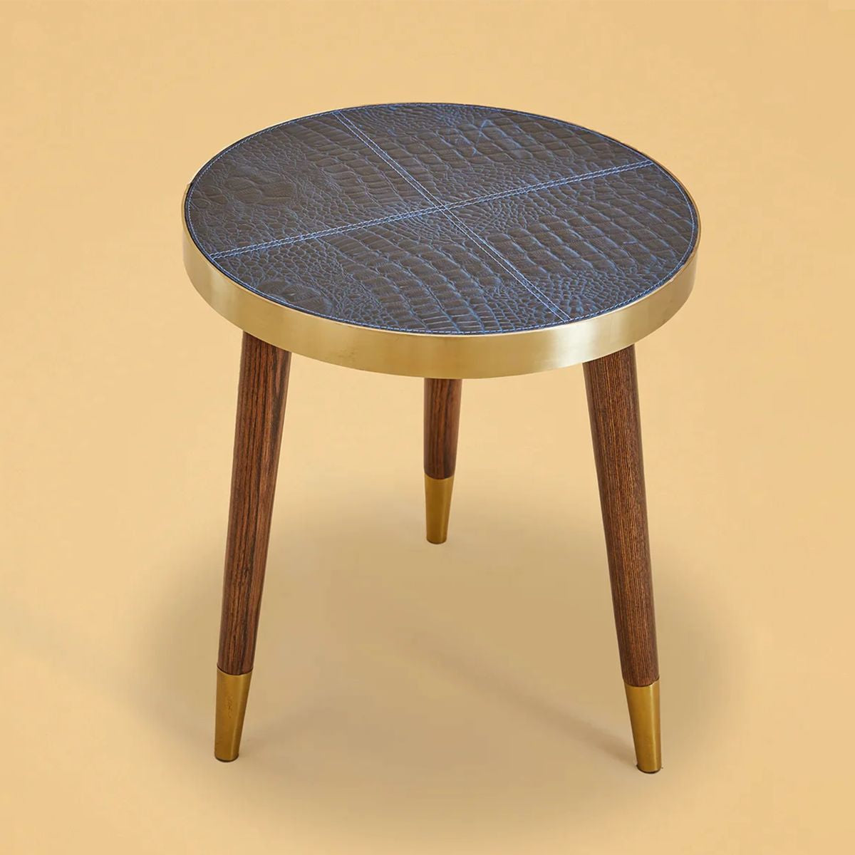 Round Side Table- Embossed Leather Blue - Three Sixty Life