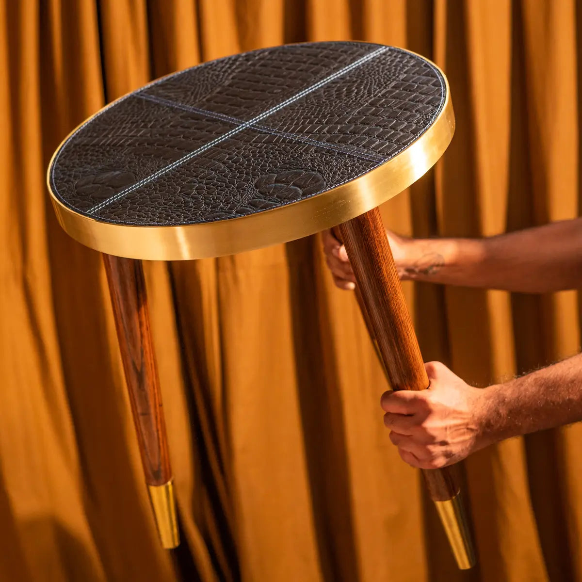 Round Side Table- Embossed Leather Blue