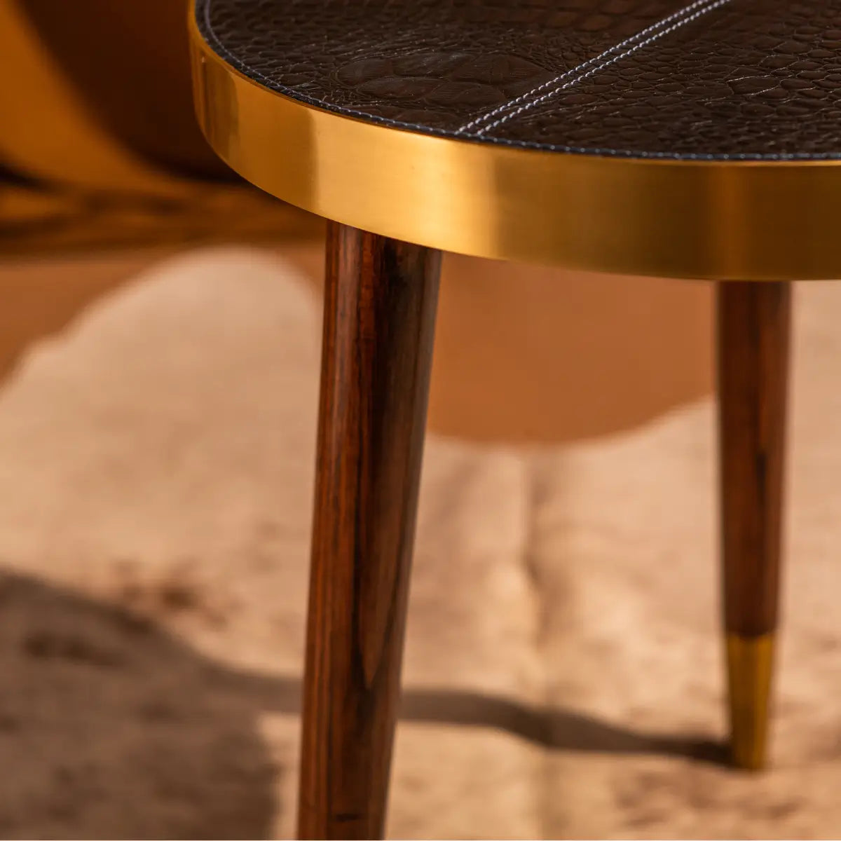 Round Side Table- Embossed Leather Blue