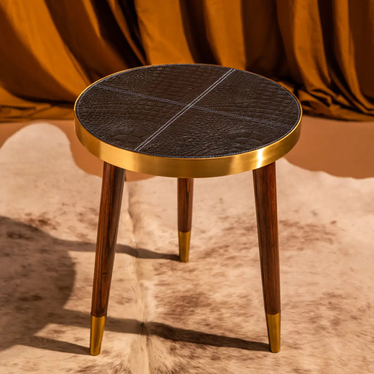 Round Side Table- Embossed Leather Blue