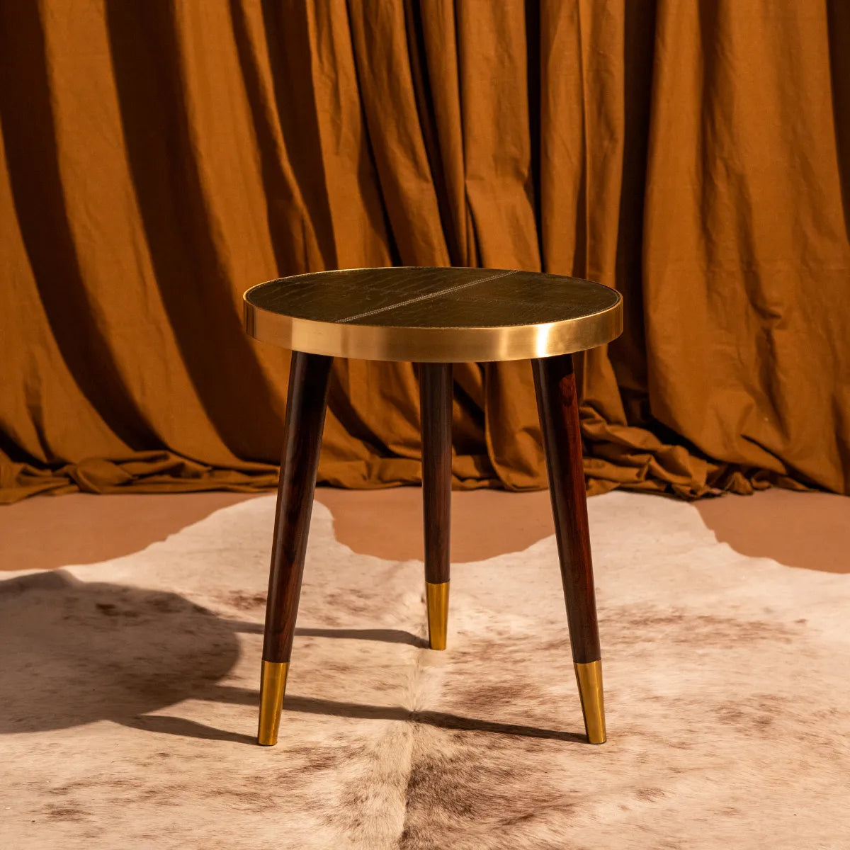 Round Side Table- Embossed Leather Green