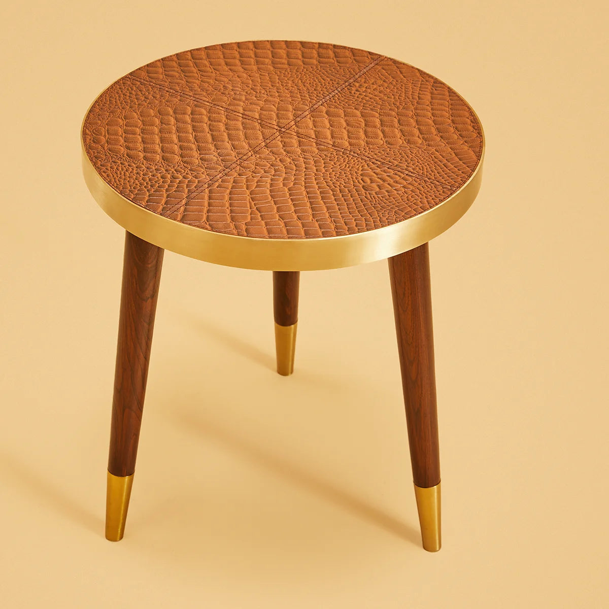 Round Side Table- Embossed Leather Tan