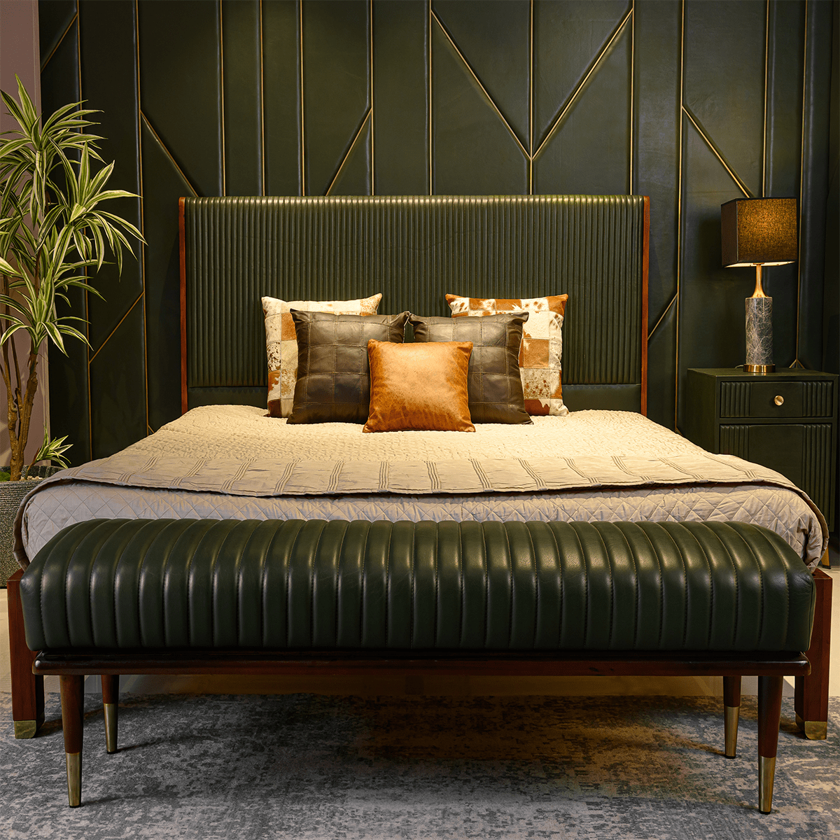 Stanford Leather King Bed Green - Three Sixty Life