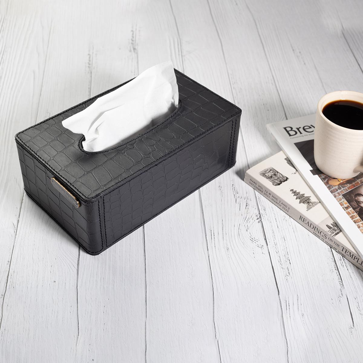 Eden Tissue Box In Genuine Croco Leather Black
