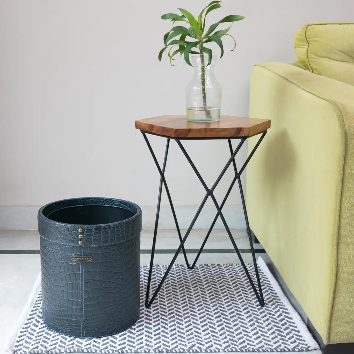 Eden Waste Bin In Genuine Croco Leather Blue