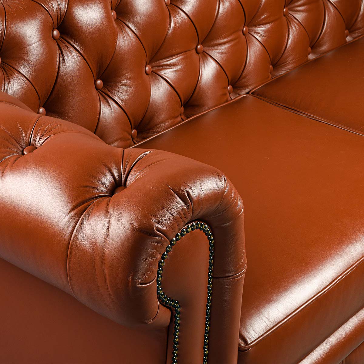 Chesterfield Genuine Leather Three Seater Sofa Cognac