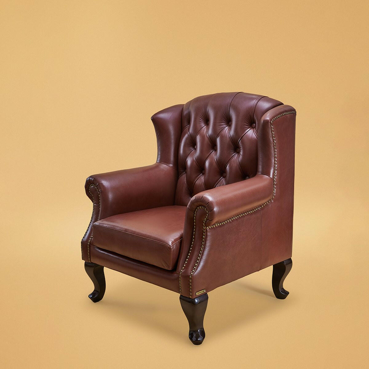 Genuine Leather Chesterfield Wing Chair Cognac