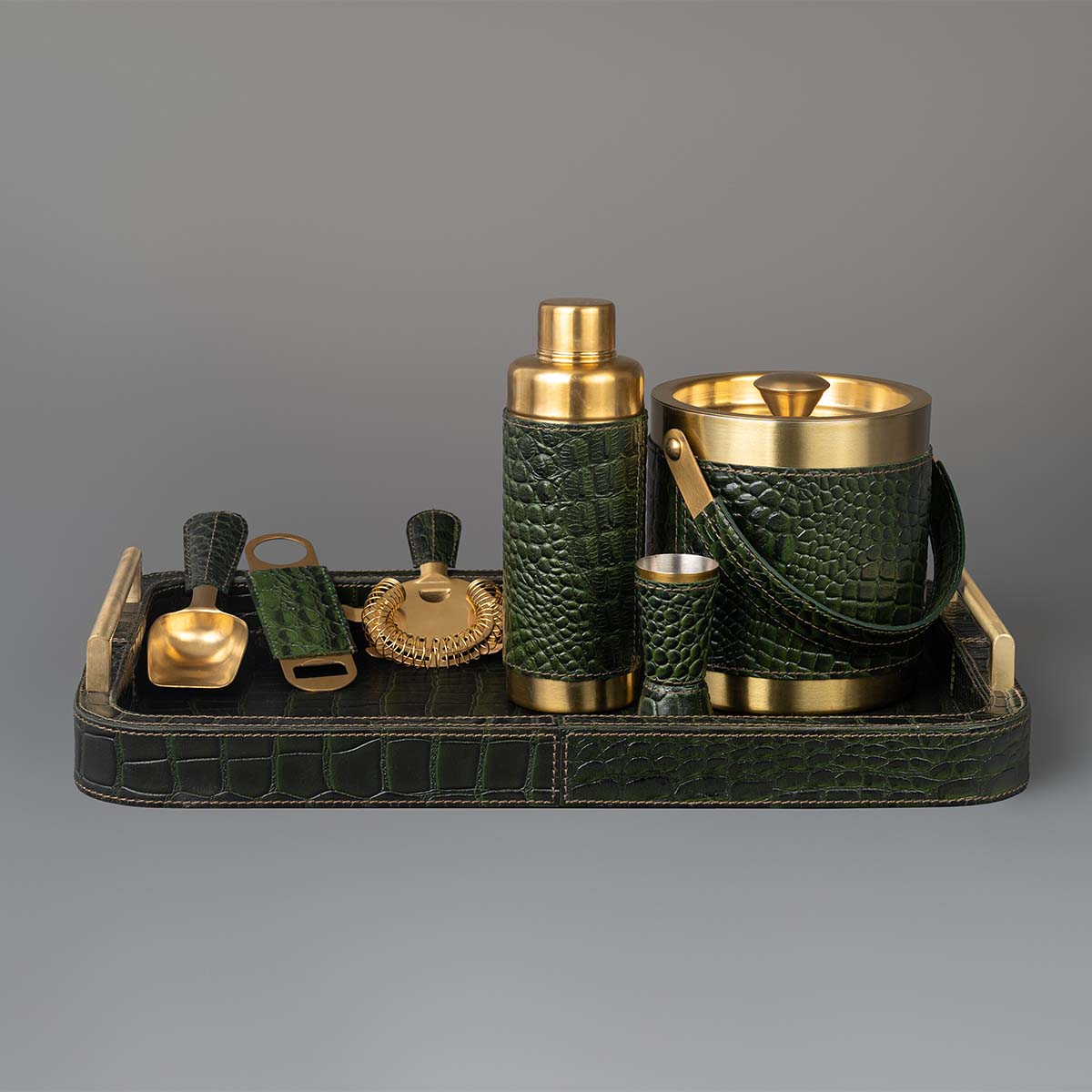 Buy Debonair Bar Tray & Cocktail Set Metal Handle Green Online -Three Sixty Life