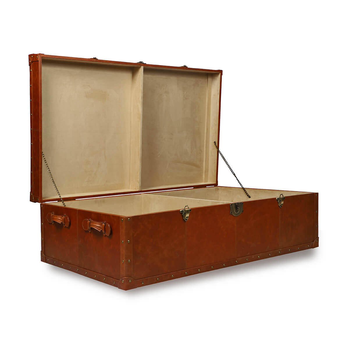 Genuine Leather Centre Table With Trunk Storage In Tan Color