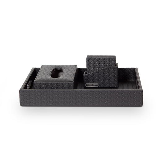 Leather Tray Set with Tissue Box & Coasters Black