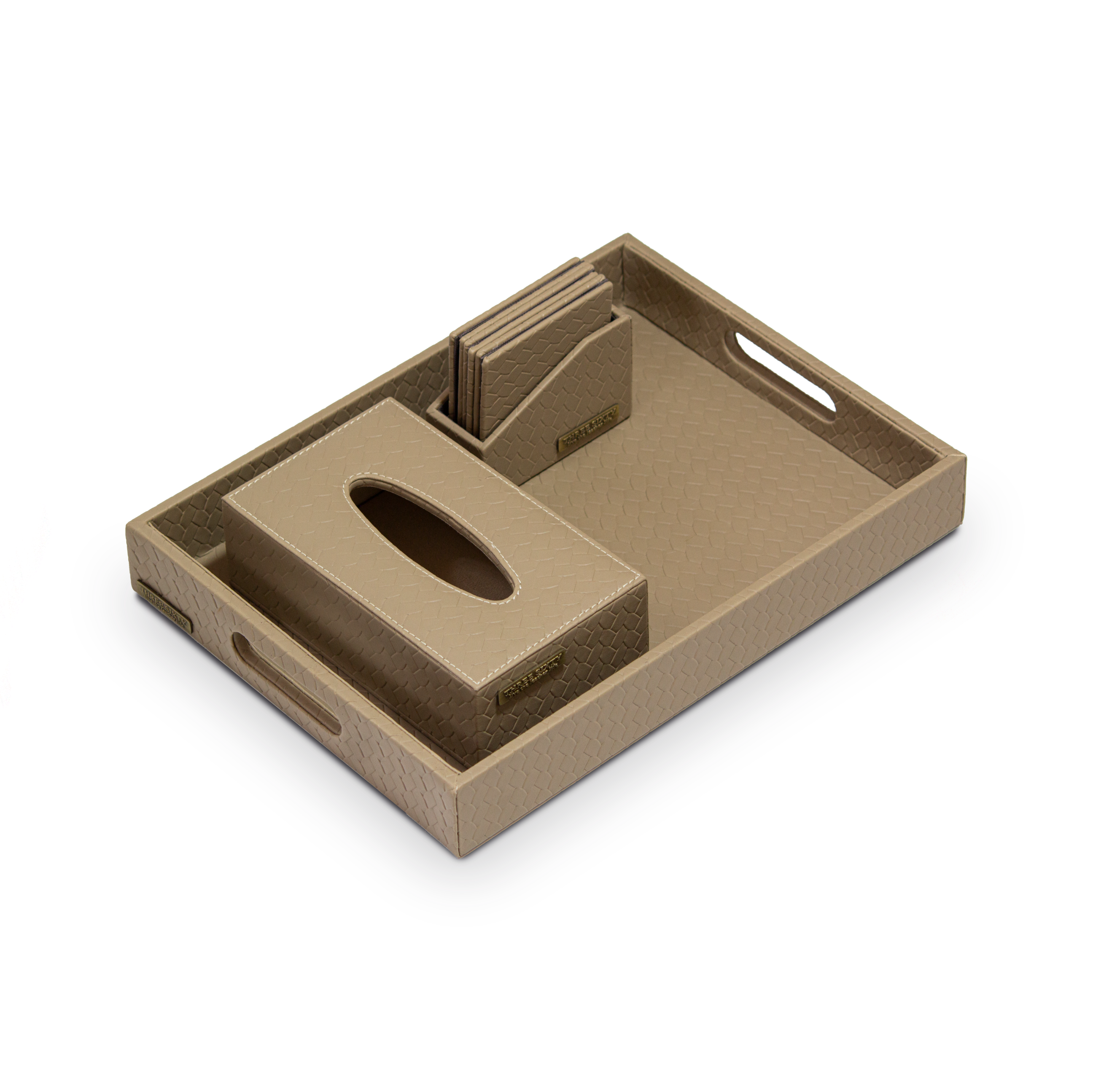 Entwine Leather Tray Set with Tissue Box & Coasters Beige