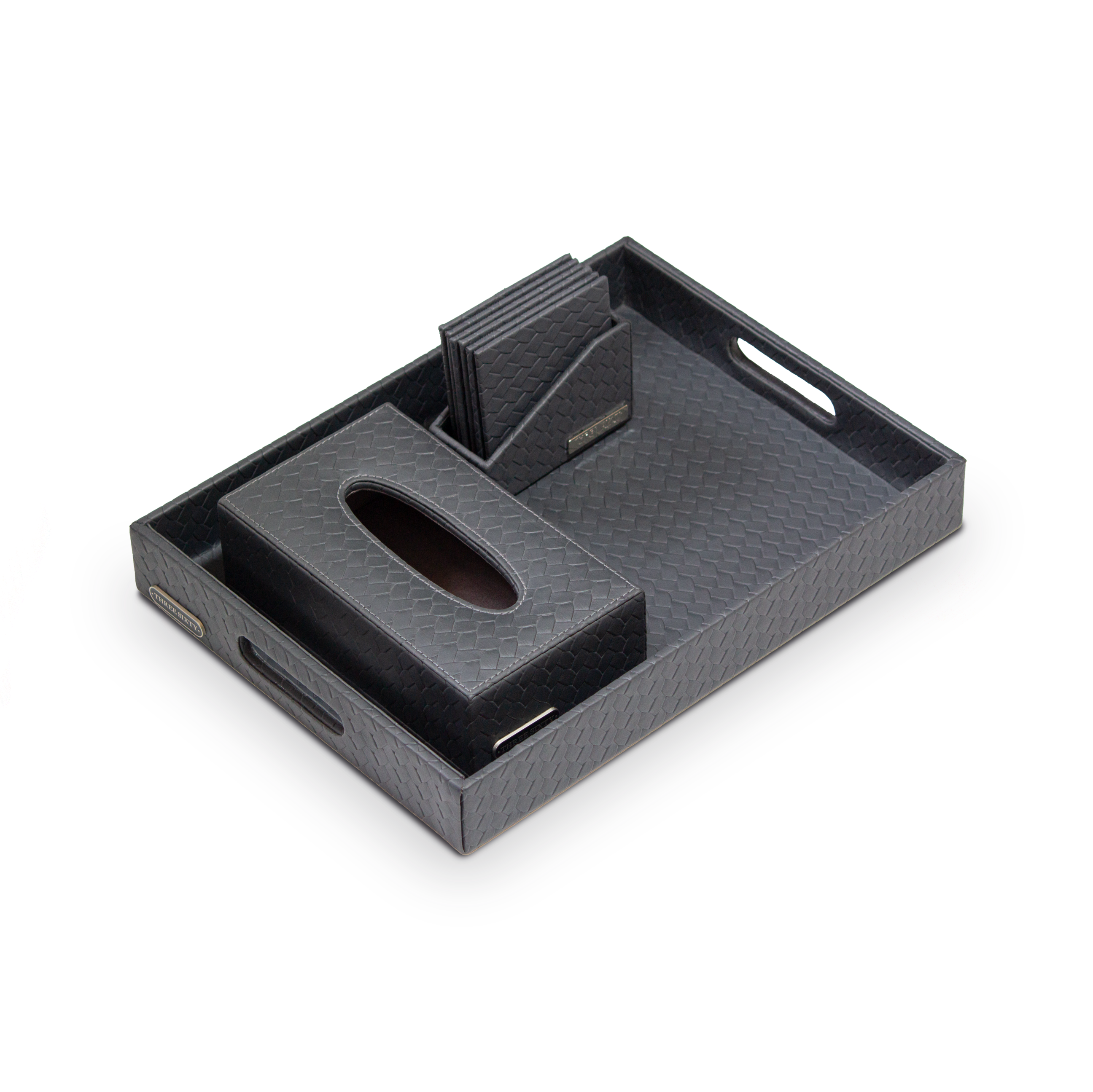 Entwine Leather Tray Set with Tissue Box & Coasters Grey
