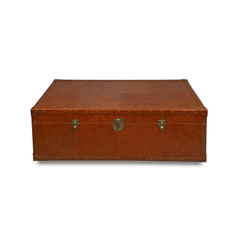 Genuine Leather Centre Table With Trunk Storage In Tan Color
