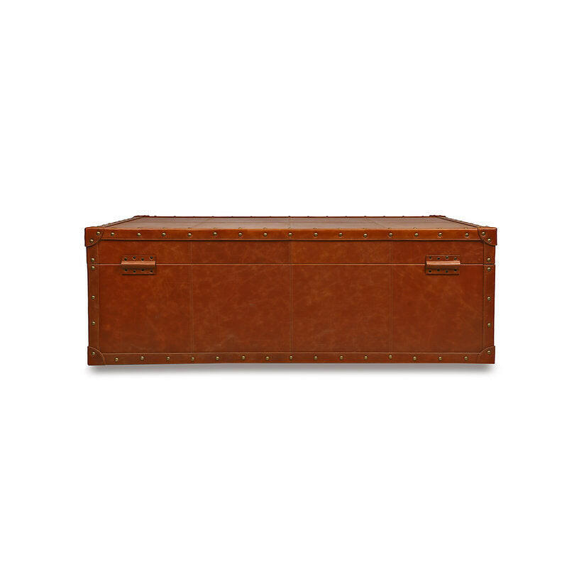 Genuine Leather Centre Table With Trunk Storage In Tan Color