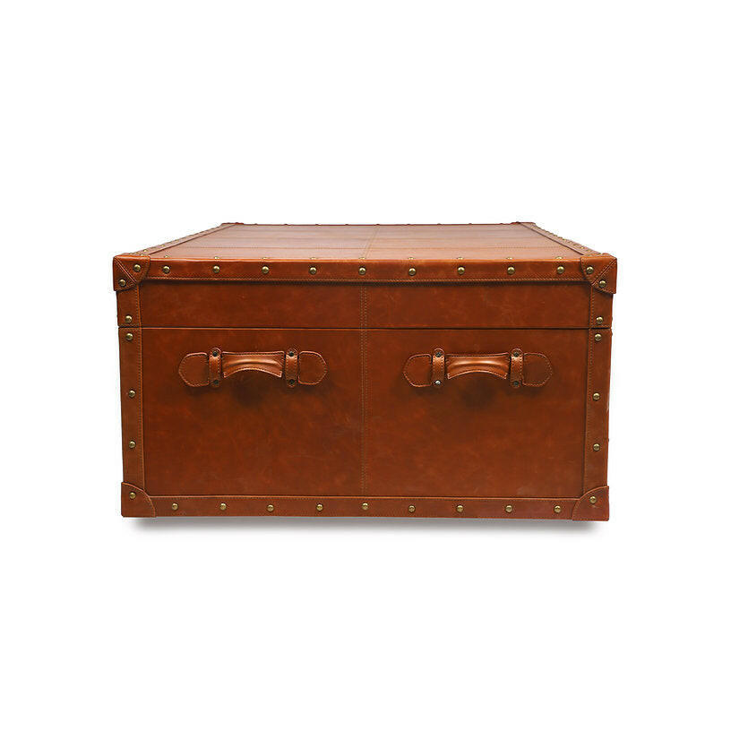 Genuine Leather Centre Table With Trunk Storage In Tan Color