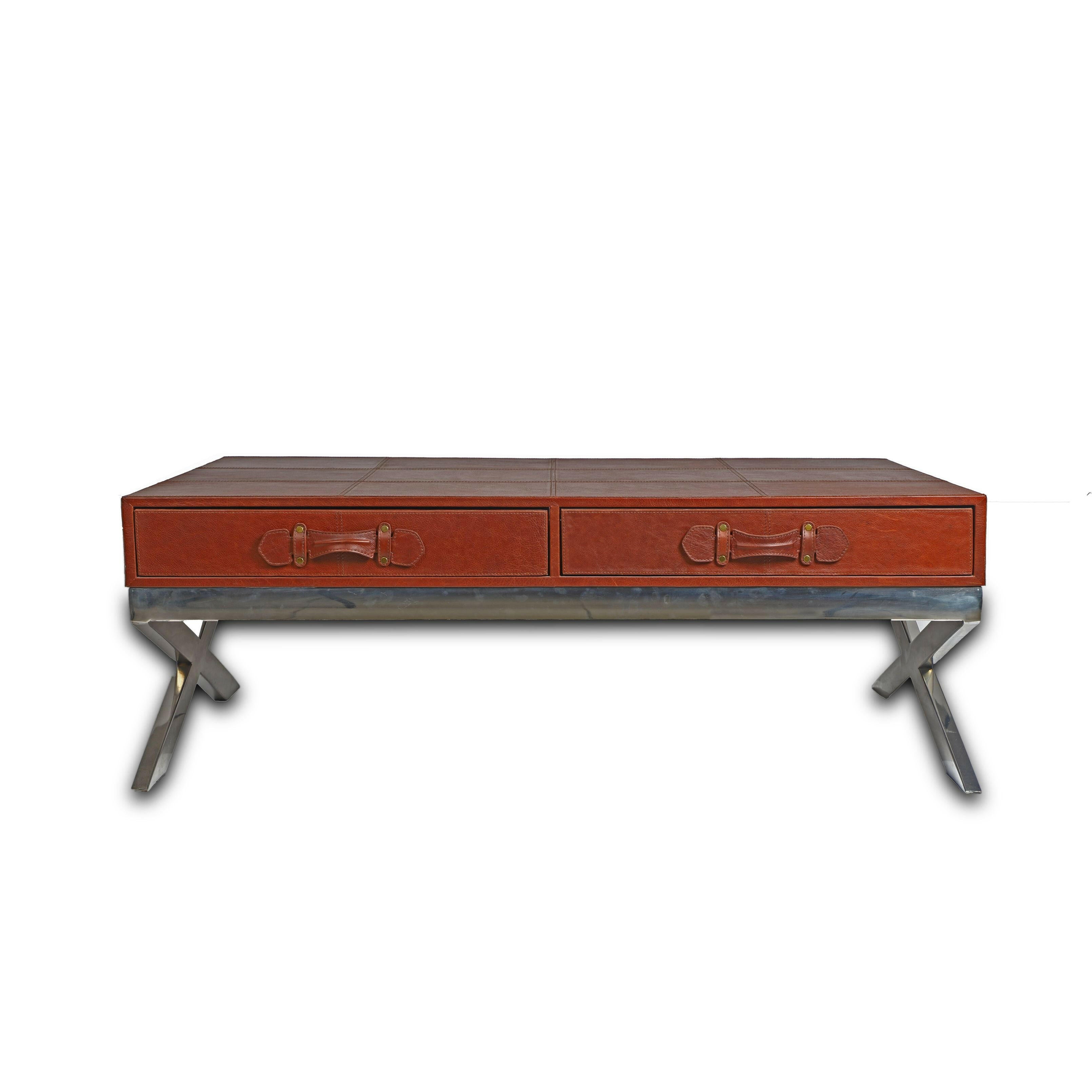 Genuine Leather Centre Table With Two Pull Out Drawers In Brown Colour - Three Sixty Life