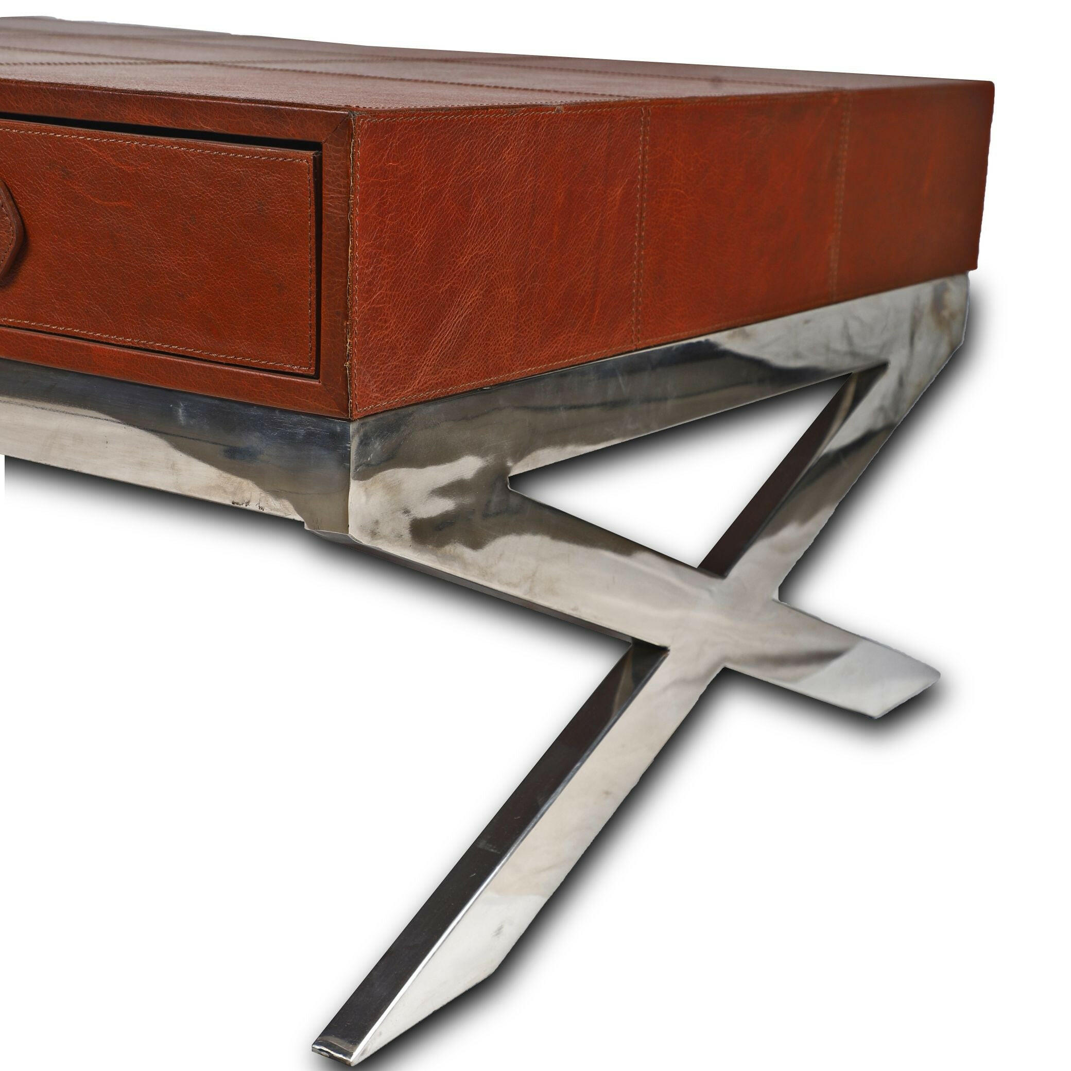 Genuine Leather Centre Table With Two Pull Out Drawers In Brown Colour