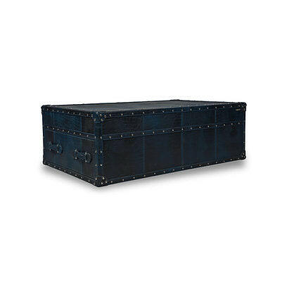 Handcrafted Genuine Leather Low Centre Table In Blue