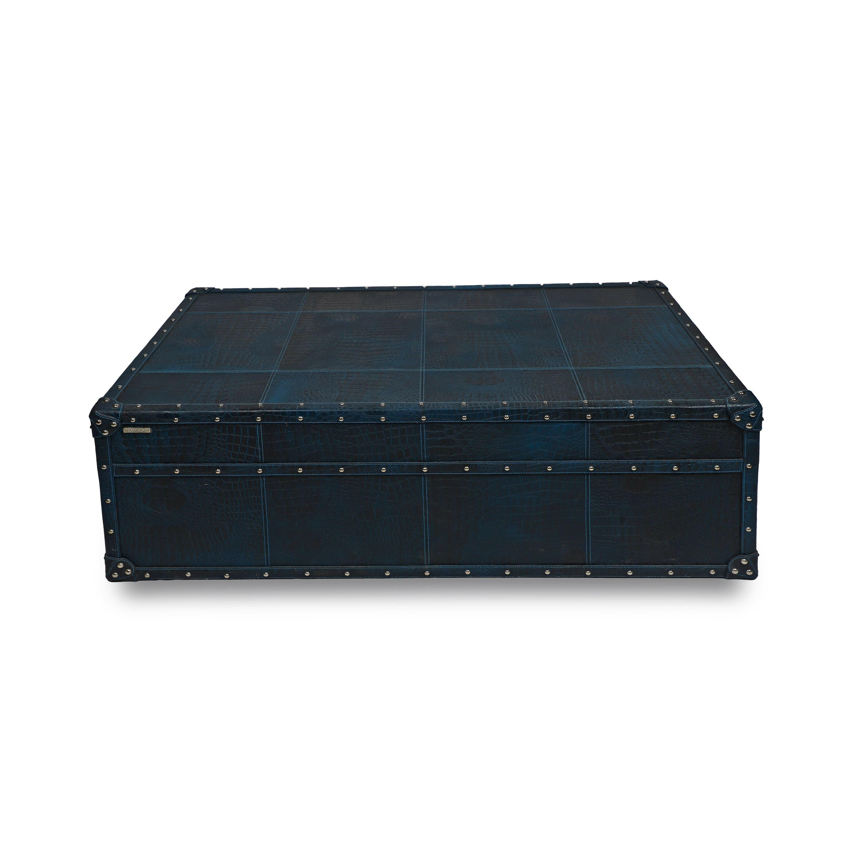 Handcrafted Genuine Leather Low Centre Table In Blue