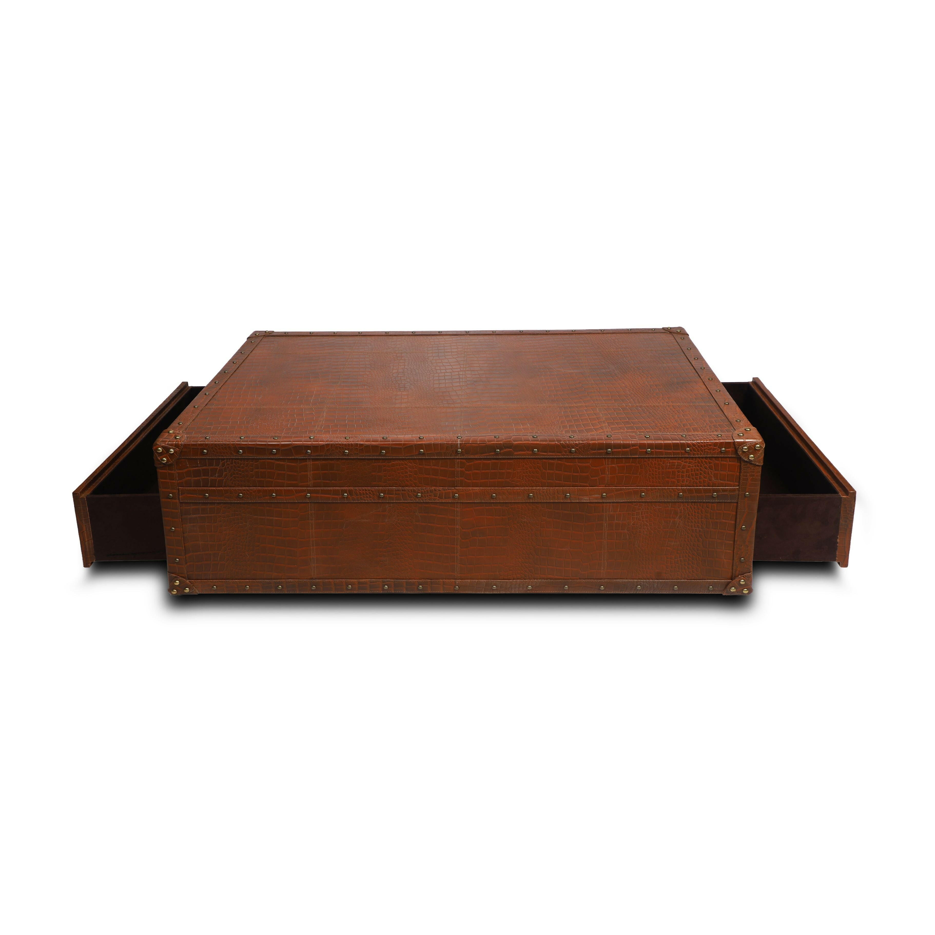 Handcrafted Genuine Leather Low Centre Table In Tan Colour
